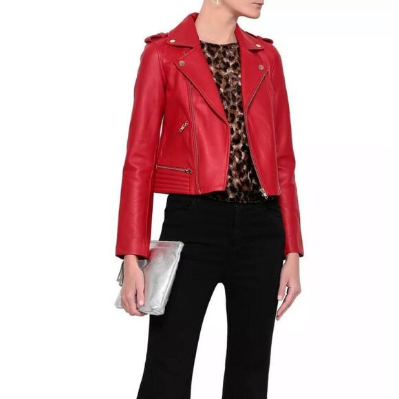 Maje Basalt Moto Biker Cropped Leather Jacket, Red EU 40, US size 6 - Picture 1 of 10